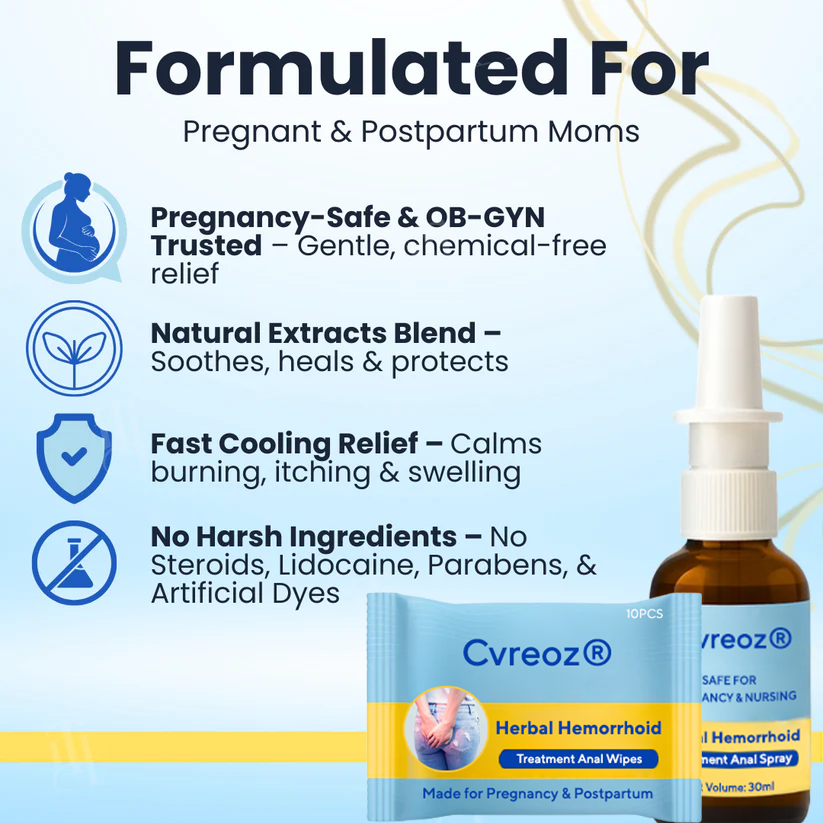 Combined Therapy: Cvreoz® Herbal Hemorrhoid Treatment Anal Spray + Wipes - Made for Pregnancy & Postpartum