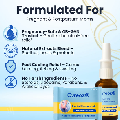 Combined Therapy: Cvreoz® Herbal Hemorrhoid Treatment Anal Spray + Wipes - Made for Pregnancy & Postpartum